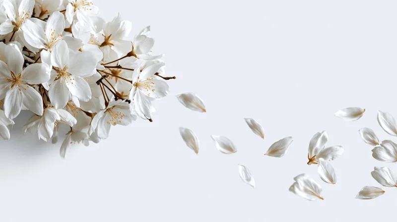 White blossoms clustered on a branch with petals drifting across a plain white surface