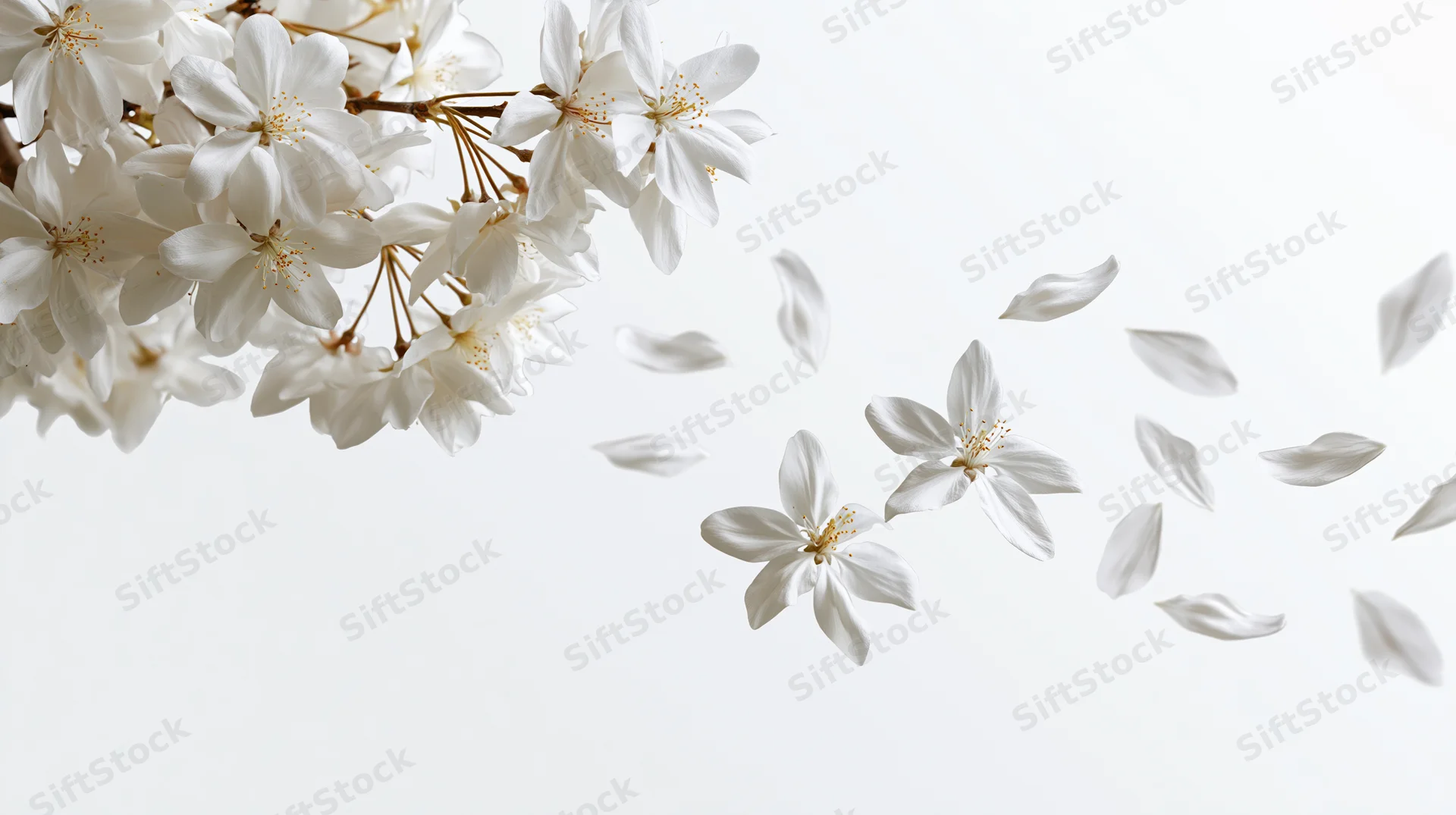 White blossoms on a branch with petals falling against a bright background
