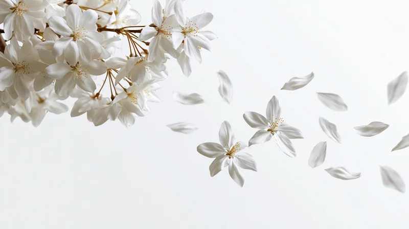 White blossoms on a branch with petals falling against a bright background