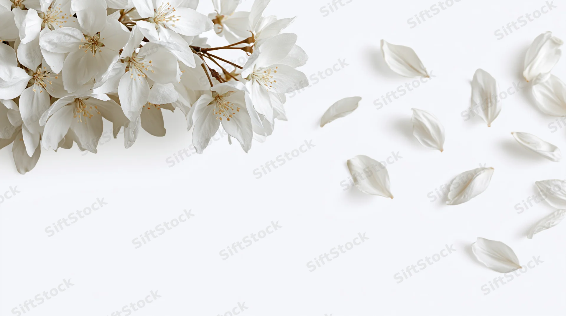 White blossoms and scattered petals arranged on a plain white surface with copyspace