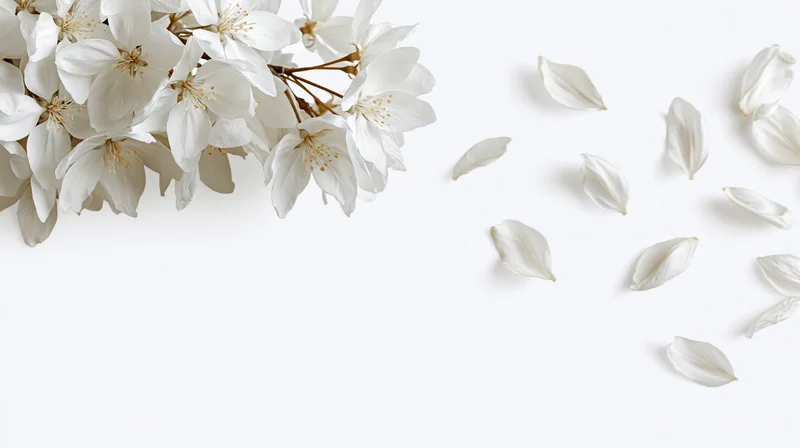 White blossoms and scattered petals arranged on a plain white surface with copyspace