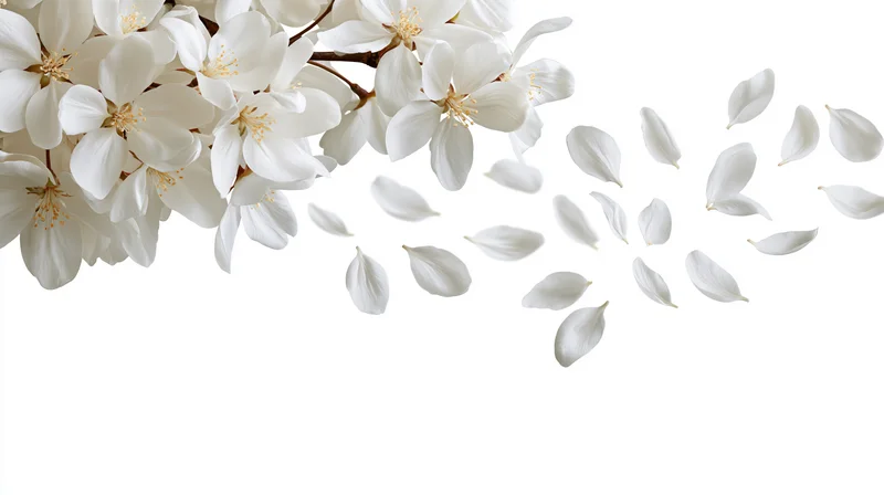 White magnolia blossoms and falling petals arranged on a plain white background with copyspace