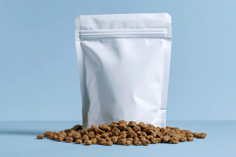 White stand-up pouch with zipper for pet food, surrounded by kibble on blue surface