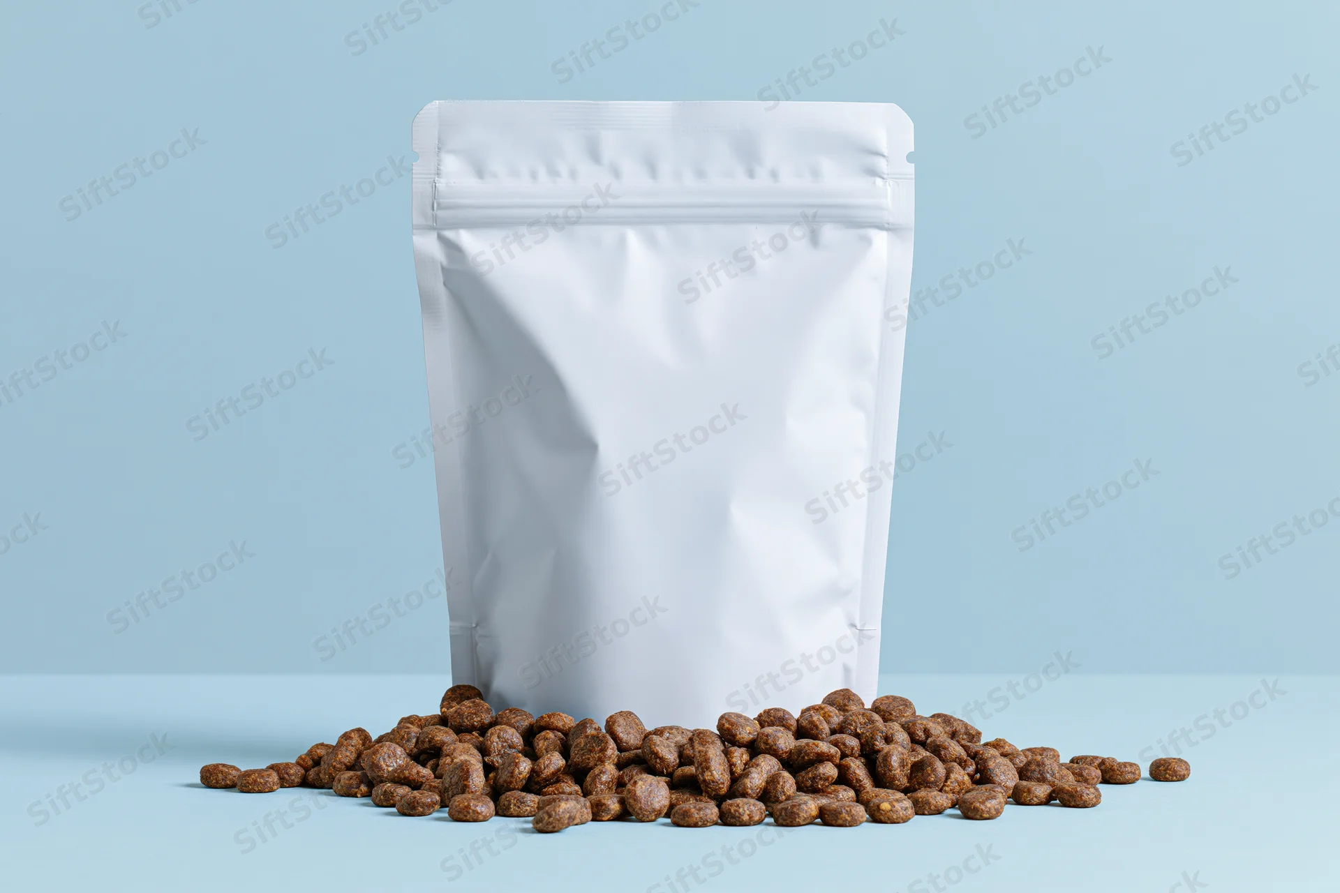 White stand-up pouch with pet food kibble spilling out on light blue surface