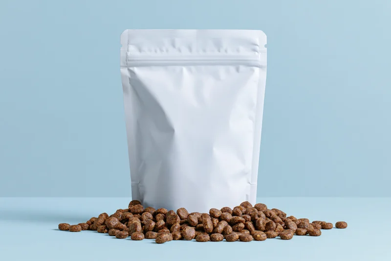 White stand-up pouch with pet food kibble spilling out on light blue surface
