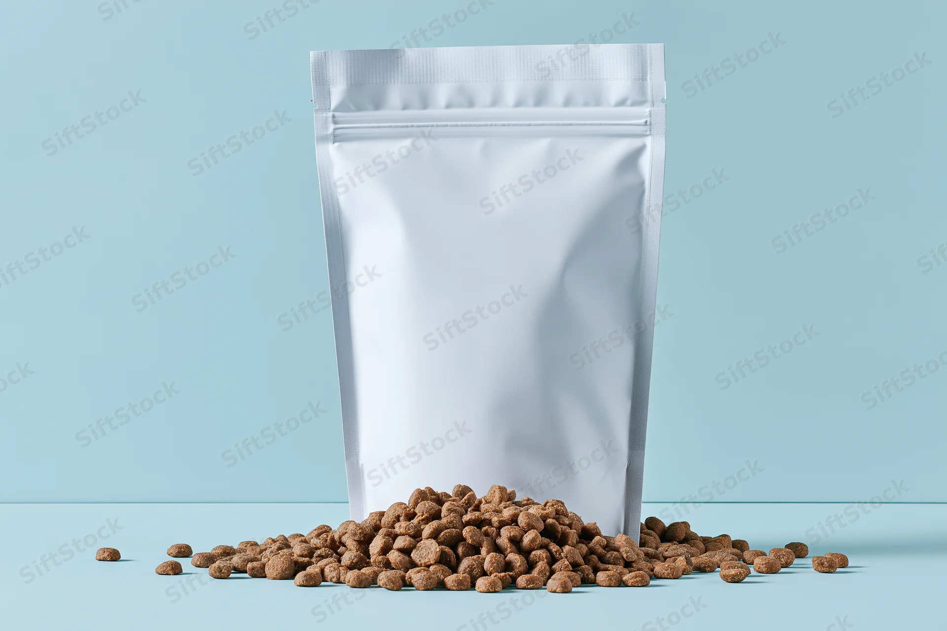 White stand-up pouch with scattered pet food kibble on blue surface
