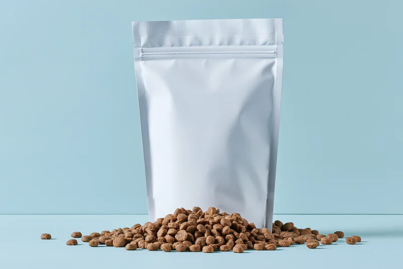 White stand-up pouch with scattered pet food kibble on blue surface