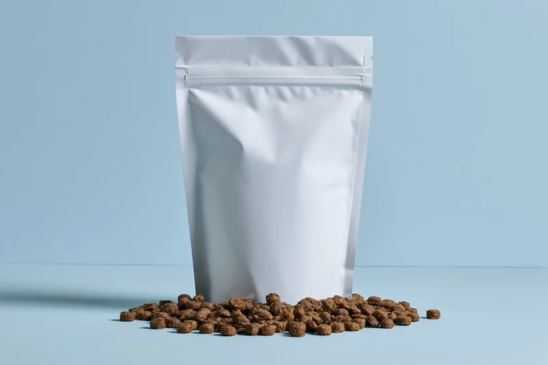 White matte zip-lock stand-up pouch with scattered pet food kibble on blue background