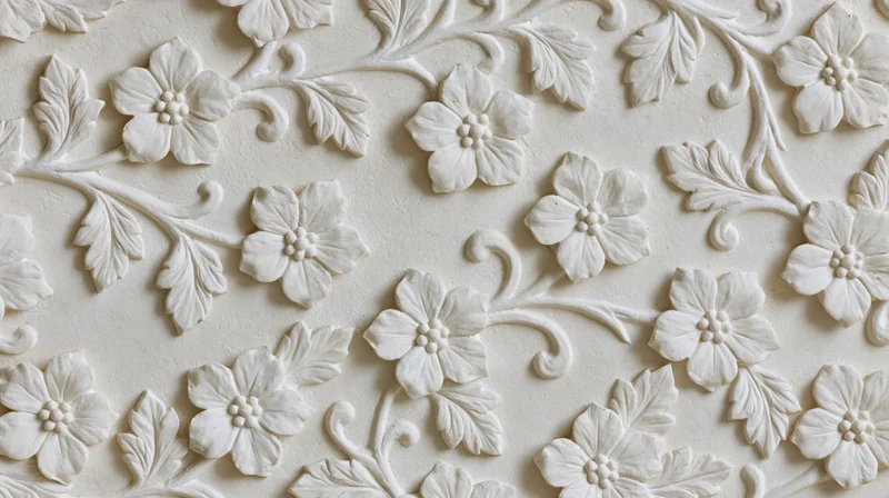 White plaster bas-relief panel with raised floral and leaf patterns covering the surface