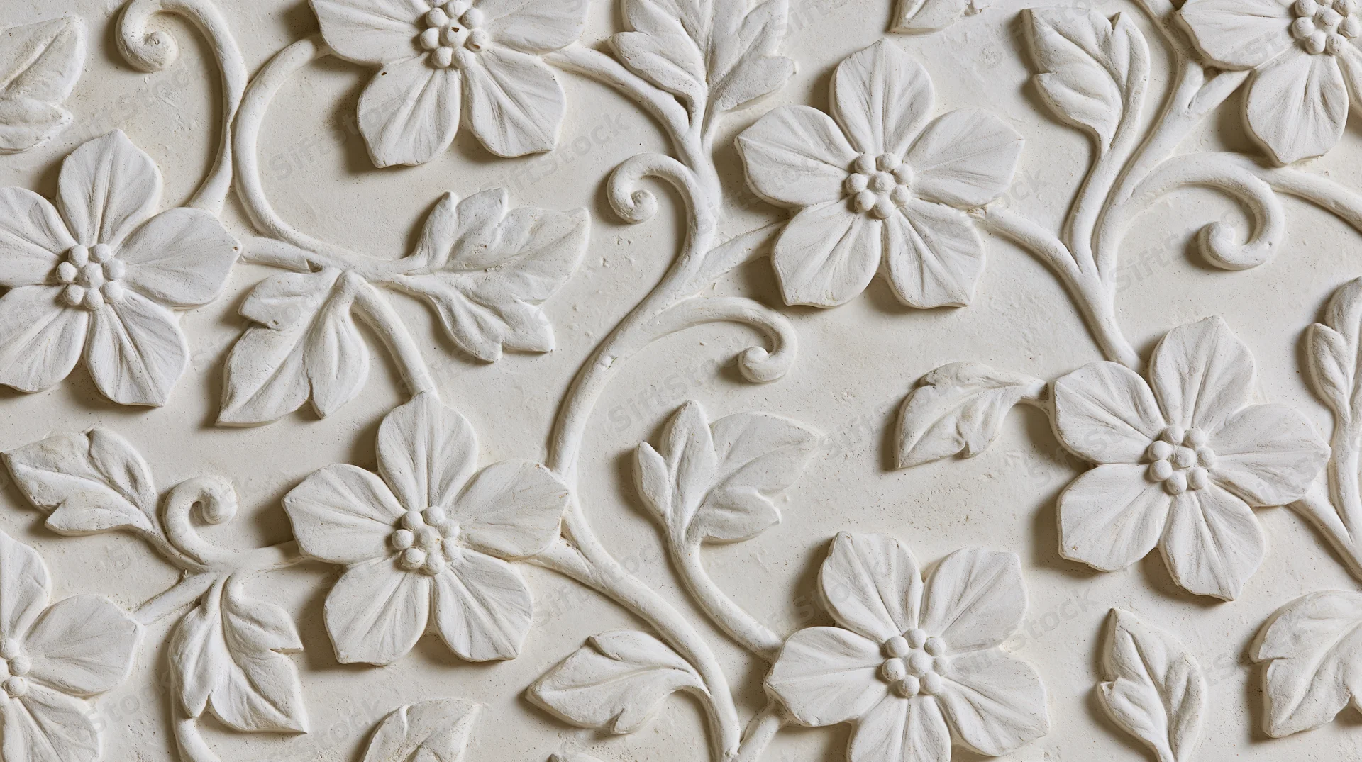 White plaster bas-relief panel with raised floral and vine patterns covering the surface