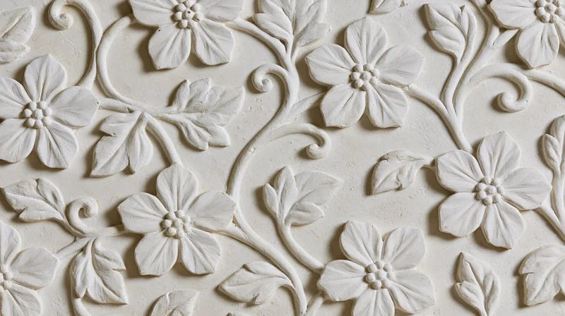 White plaster bas-relief panel with raised floral and vine patterns covering the surface