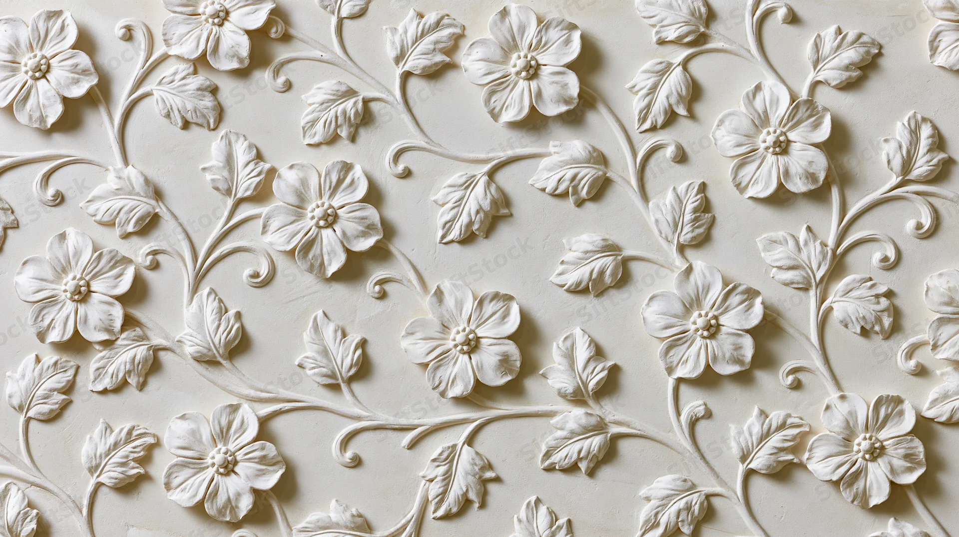 White plaster bas-relief panel with raised floral and vine patterns covering a wall surface