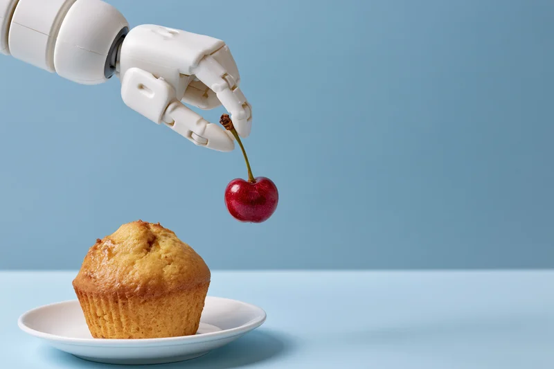 Robotic arm pinching a cherry above a muffin on a plate against a blue background