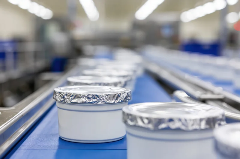 White plastic yogurt cups with foil lids moving along a blue conveyor belt in a factory