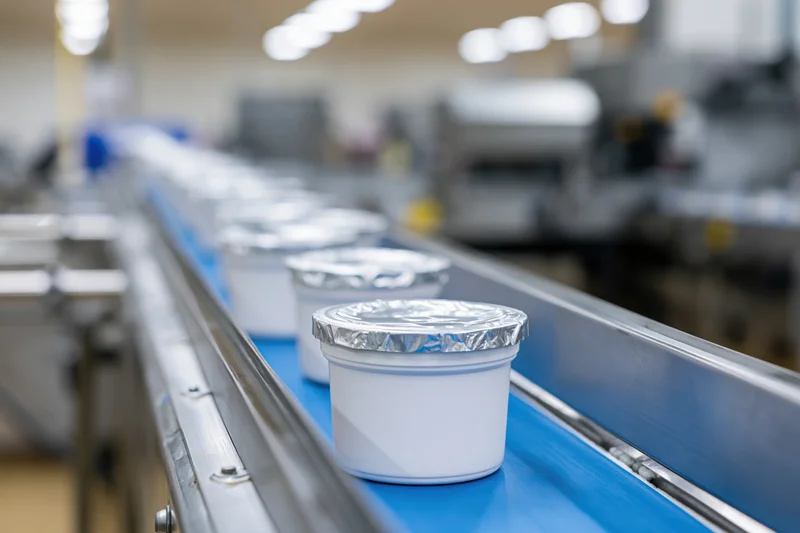 White plastic yogurt cups sealed with foil lids moving along a blue conveyor belt in a factory
