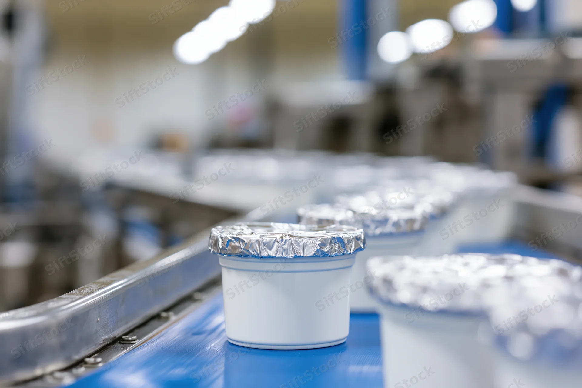 White plastic yogurt cups sealed with foil lids moving along a blue conveyor belt in a factory