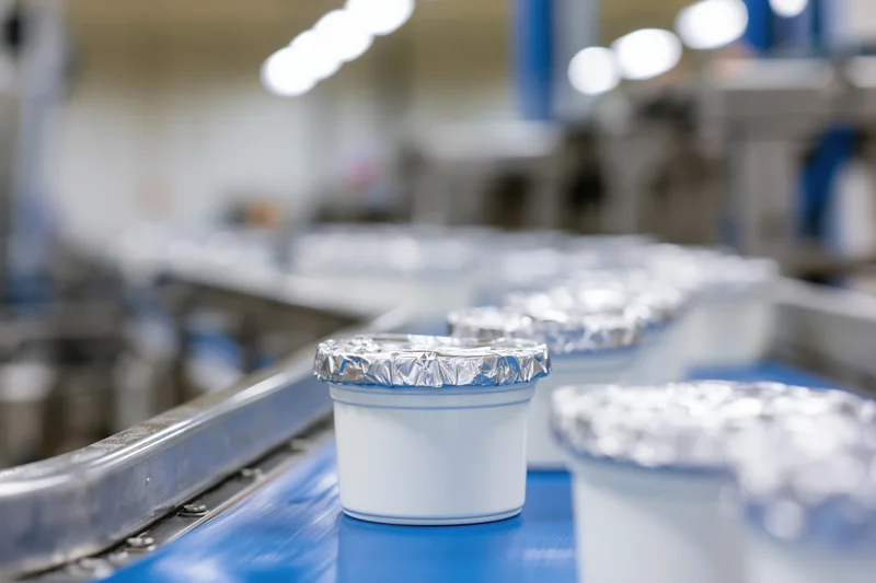 White plastic yogurt cups sealed with foil lids moving along a blue conveyor belt in a factory