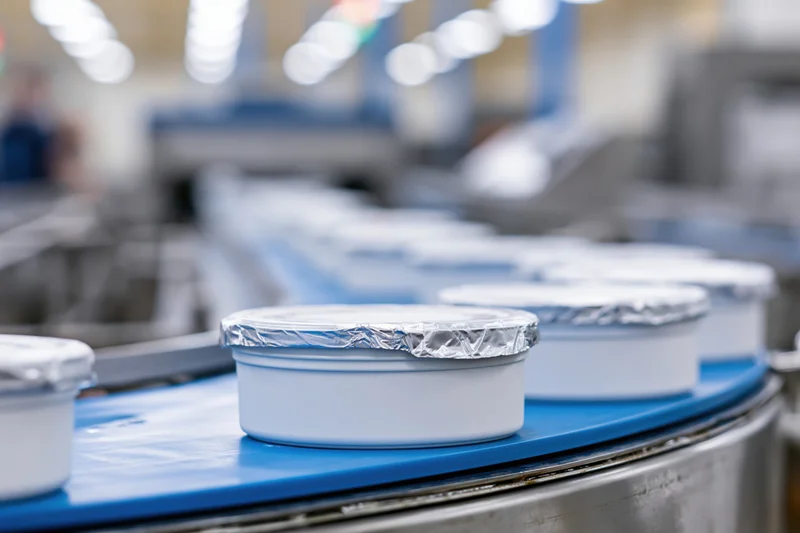 White plastic yogurt containers with foil lids moving along a blue conveyor belt in a factory