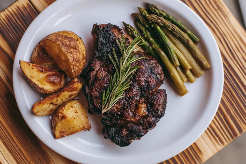 Seared ribeye steak with roasted potatoes and asparagus on a white plate on a wooden cutting board