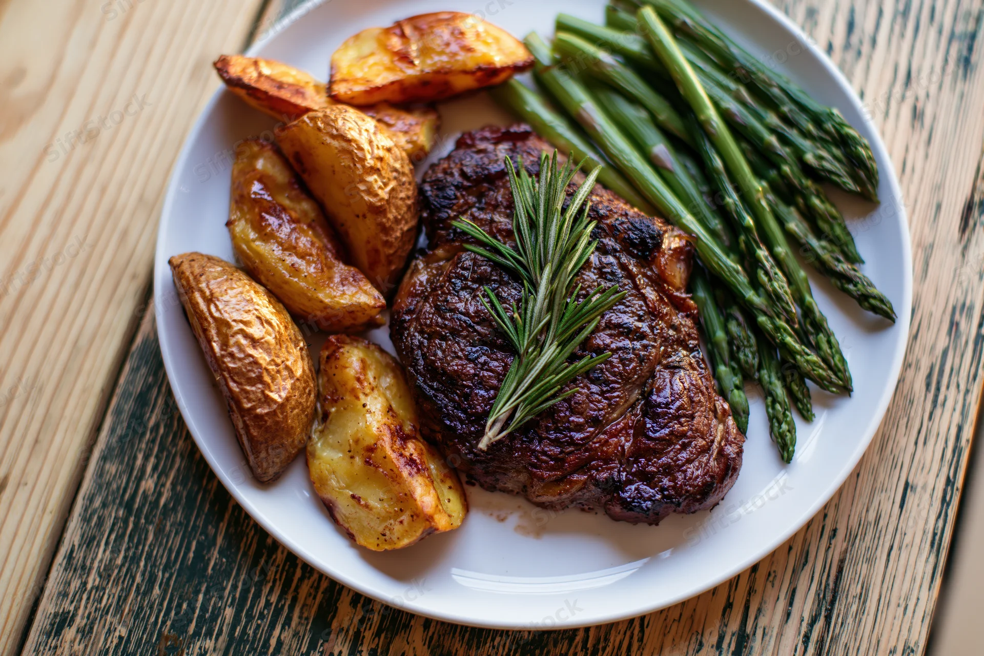 Seared ribeye steak with roasted potatoes and asparagus on a white plate on a wooden table