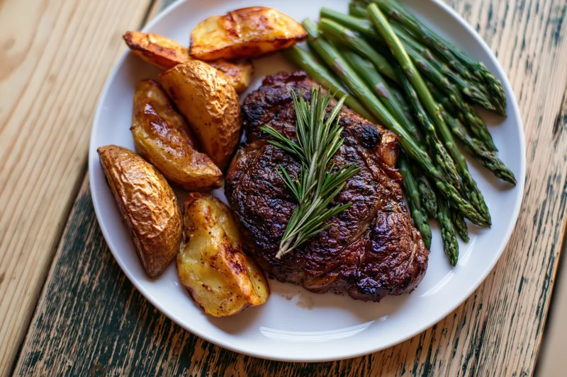 Seared ribeye steak with roasted potatoes and asparagus on a white plate on a wooden table