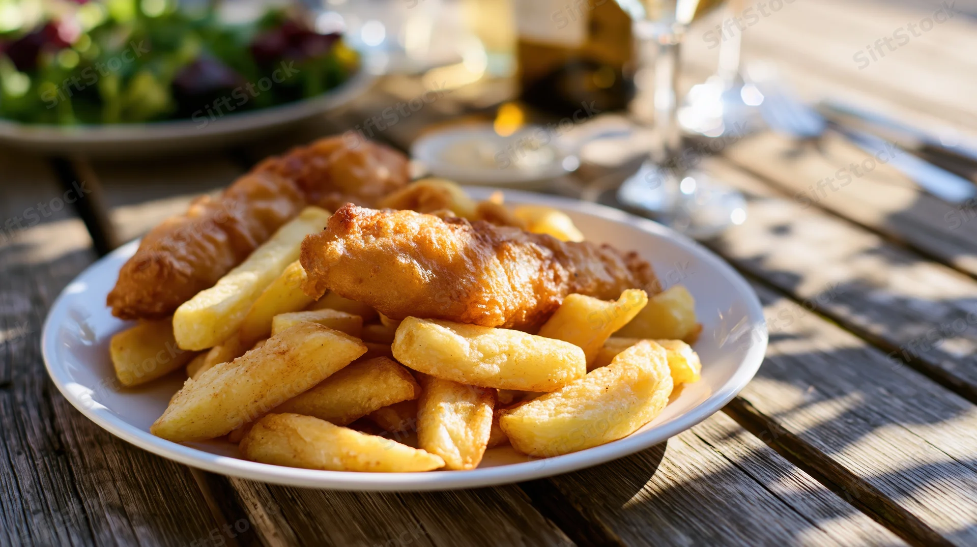 Plate of battered fish and thick-cut chips on a wooden table outdoors in sunlight