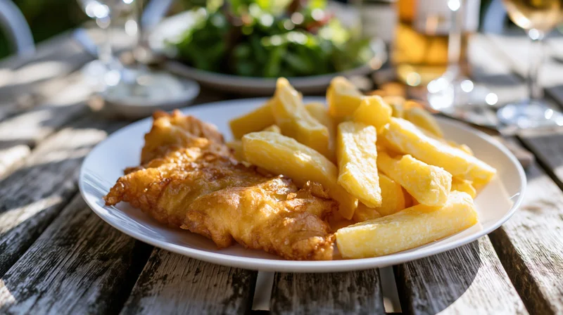 Battered fish and thick-cut chips on a white plate served on a wooden table outdoors