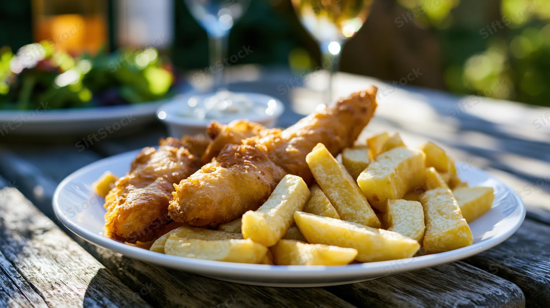 Battered fish and thick-cut chips on a white plate on a wooden outdoor table with wine glasses and salad in the background