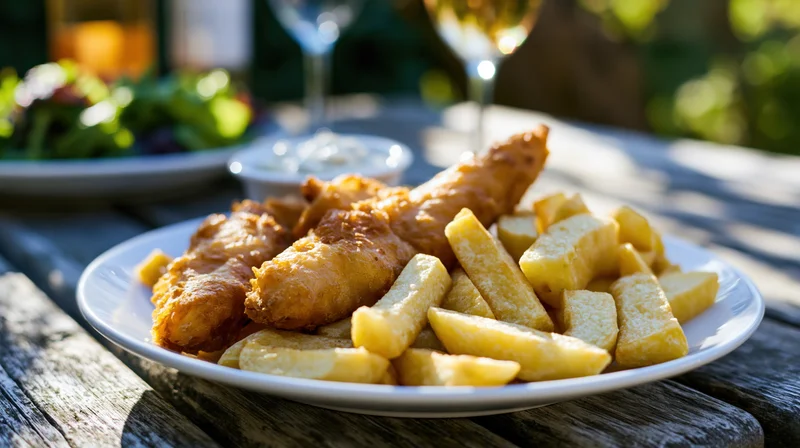 Battered fish and thick-cut chips on a white plate on a wooden outdoor table with wine glasses and salad in the background