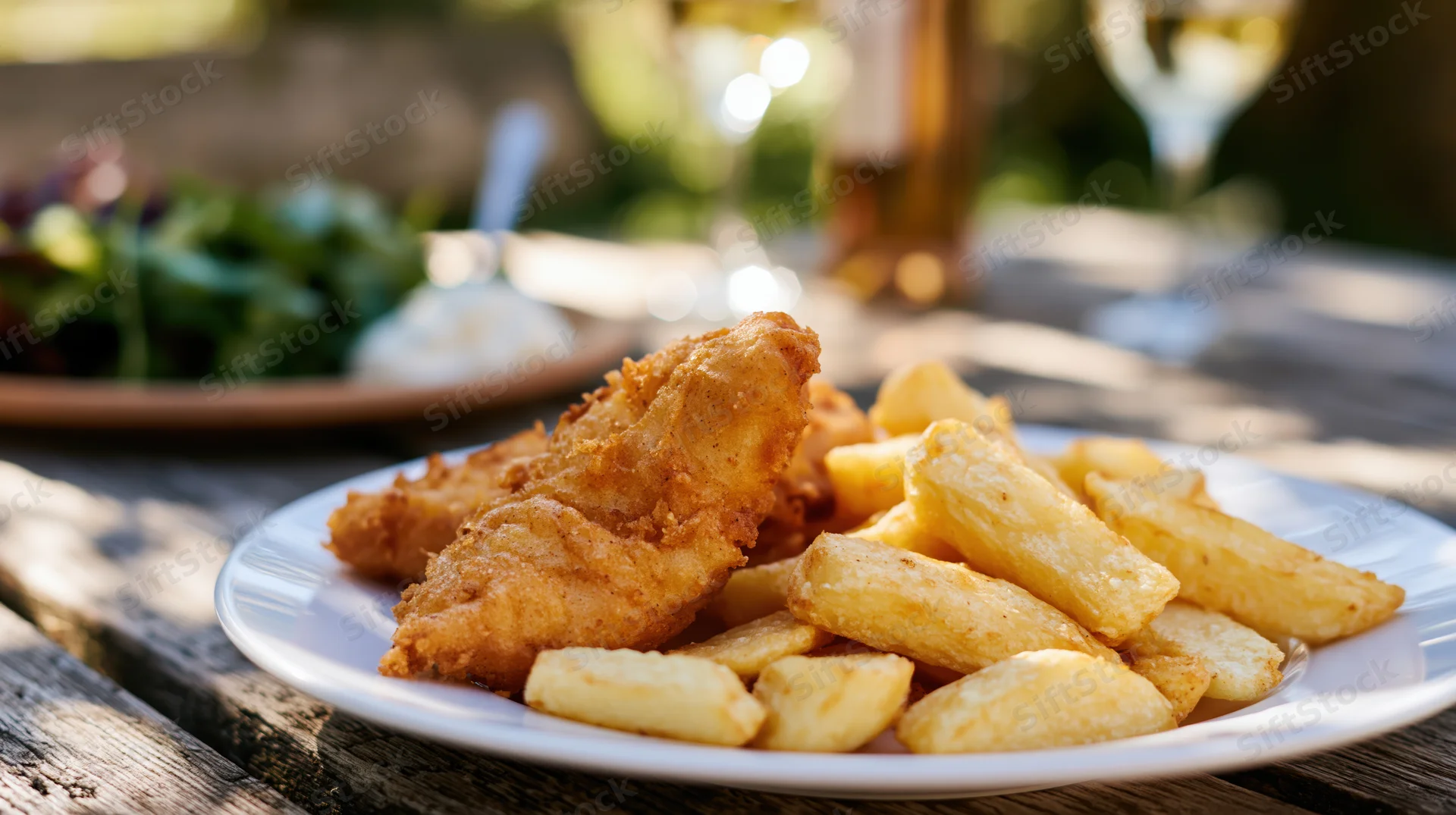 Battered fish and thick-cut chips on a white plate on a wooden table outdoors