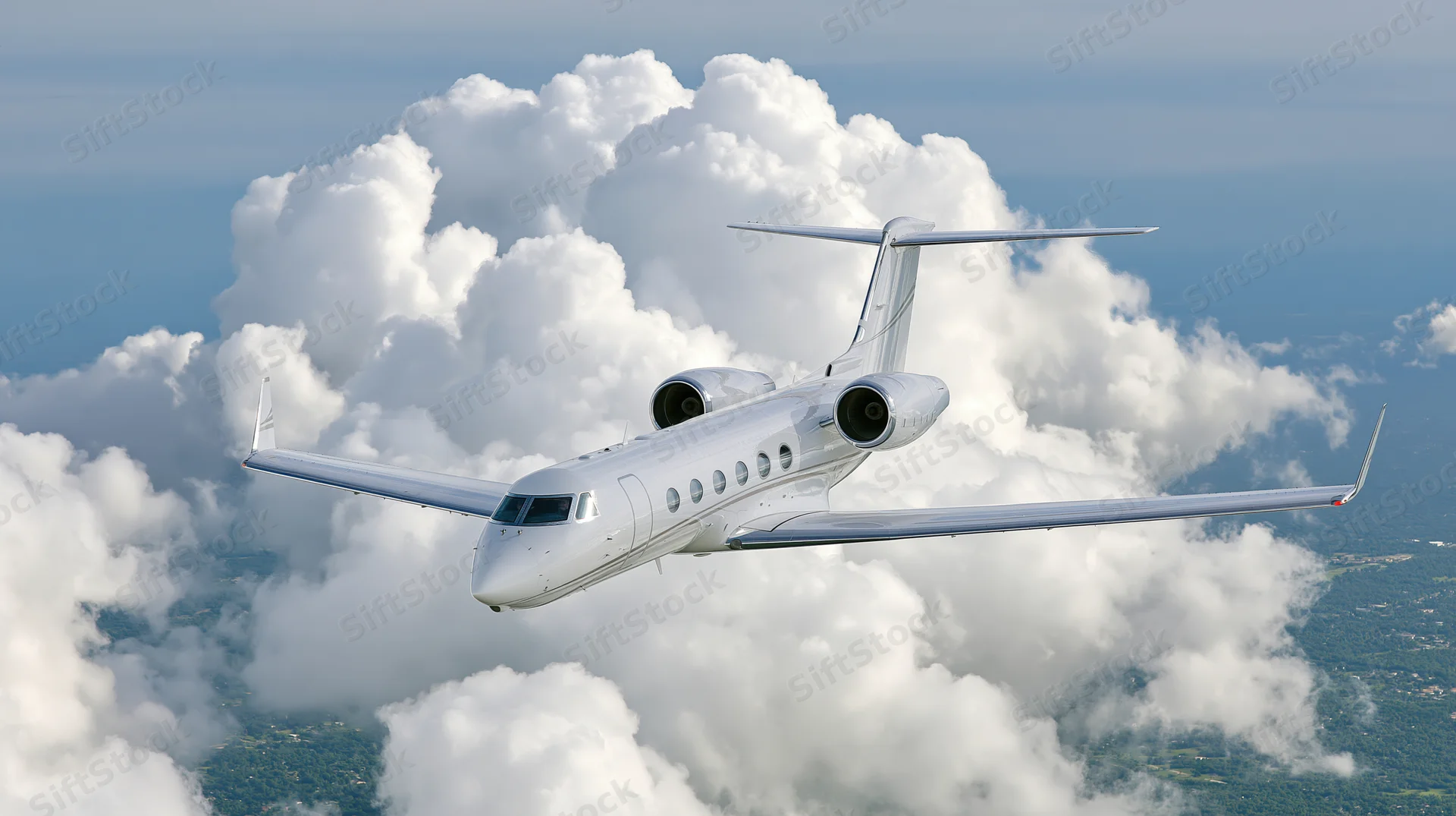 White private business jet cruising above clouds in sky