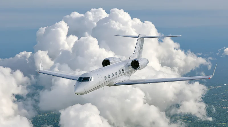 White private business jet cruising above clouds in sky