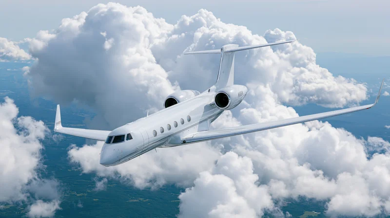White private business jet cruising at altitude above clouds in clear sky