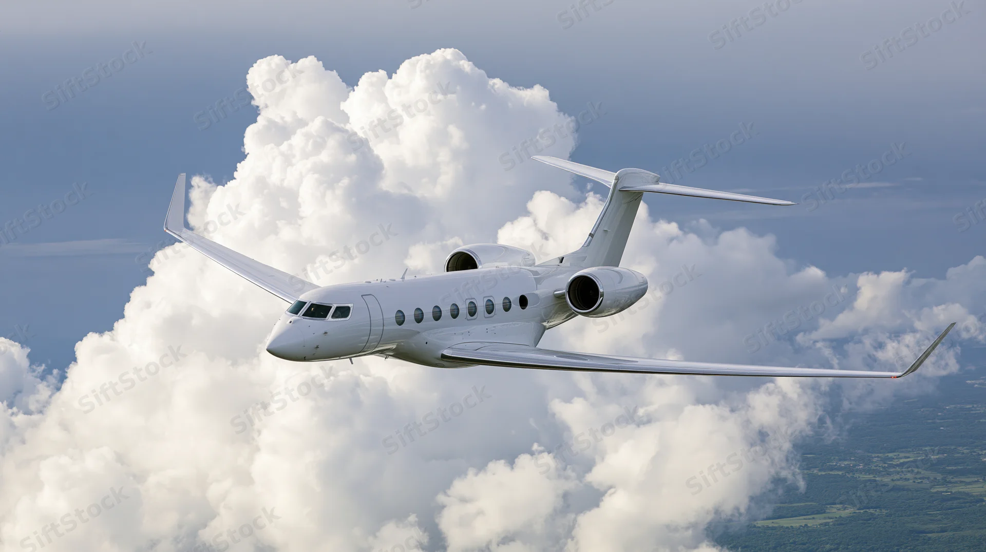 White private jet cruising above clouds in clear sky