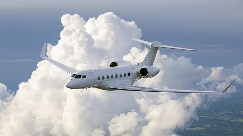 White private jet cruising above clouds in clear sky
