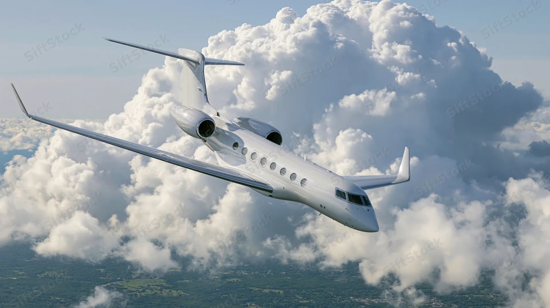 White private business jet cruising above clouds at altitude