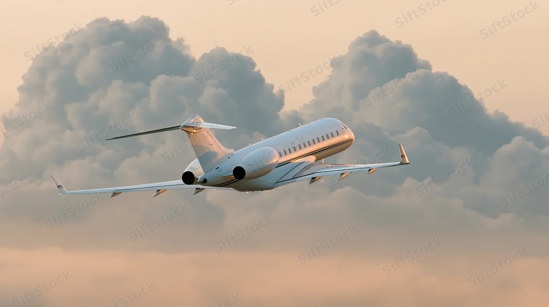 White private business jet in level cruise flight against cloudy sky at sunset