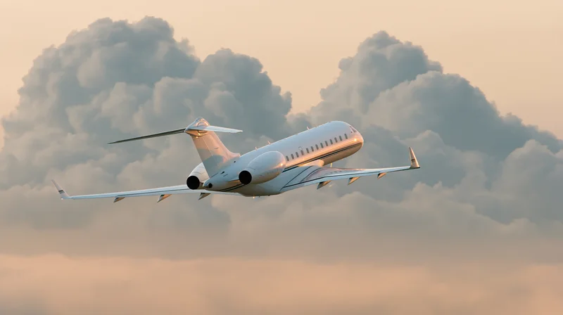 White private business jet in level cruise flight against cloudy sky at sunset