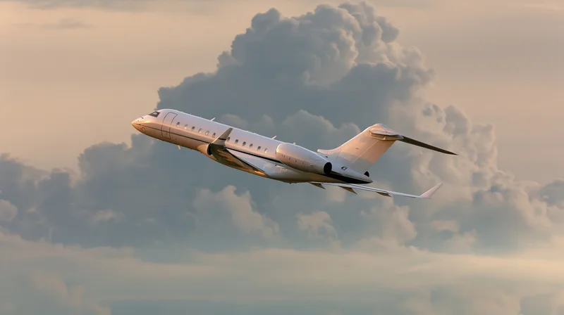 White private business jet in level cruise flight against cloudy sky at sunset
