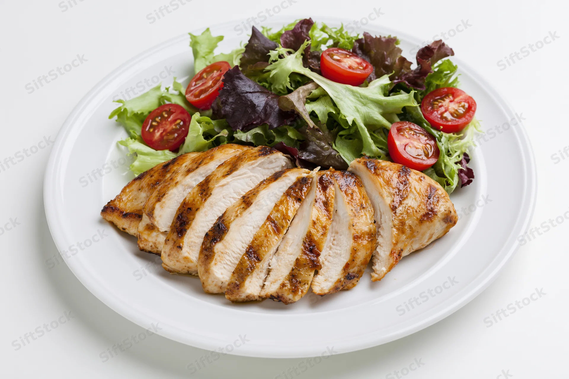 Grilled sliced chicken breast with mixed greens and cherry tomatoes on a white plate