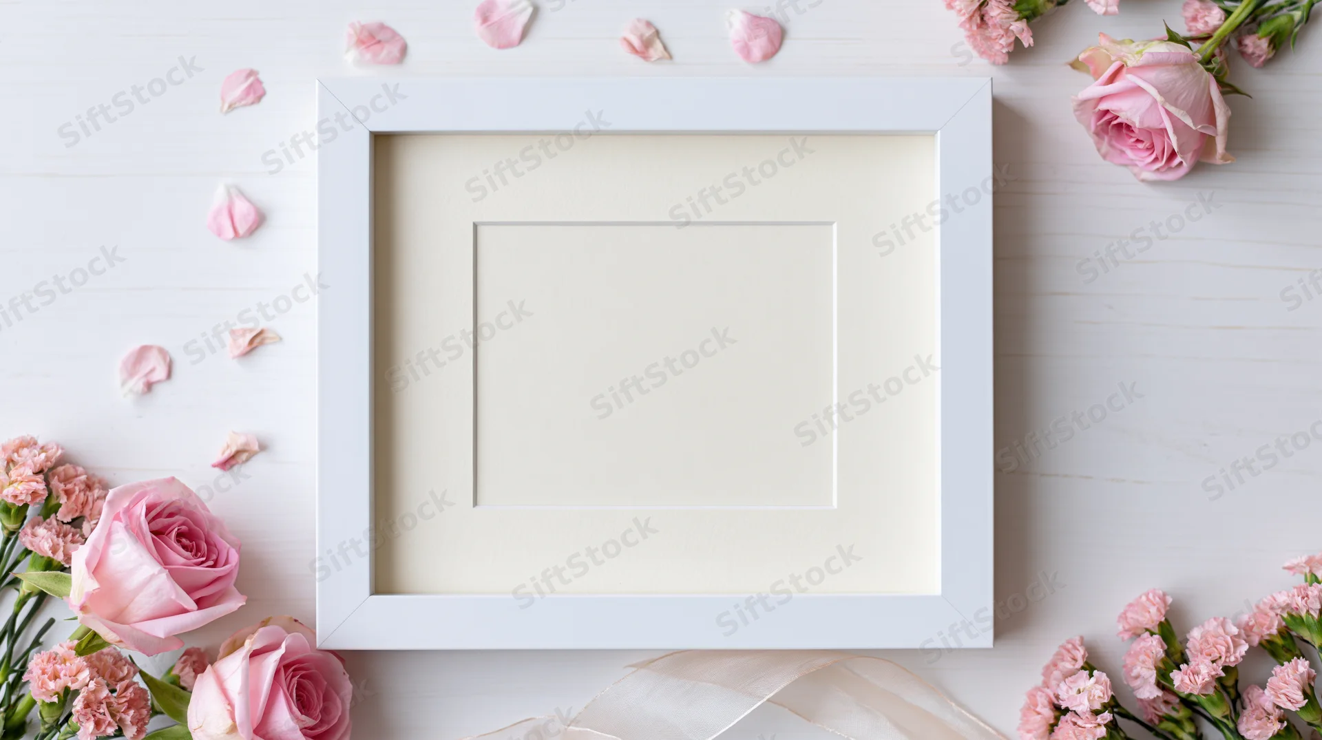 White frame with blank mat surrounded by pink roses and carnations on a wooden surface