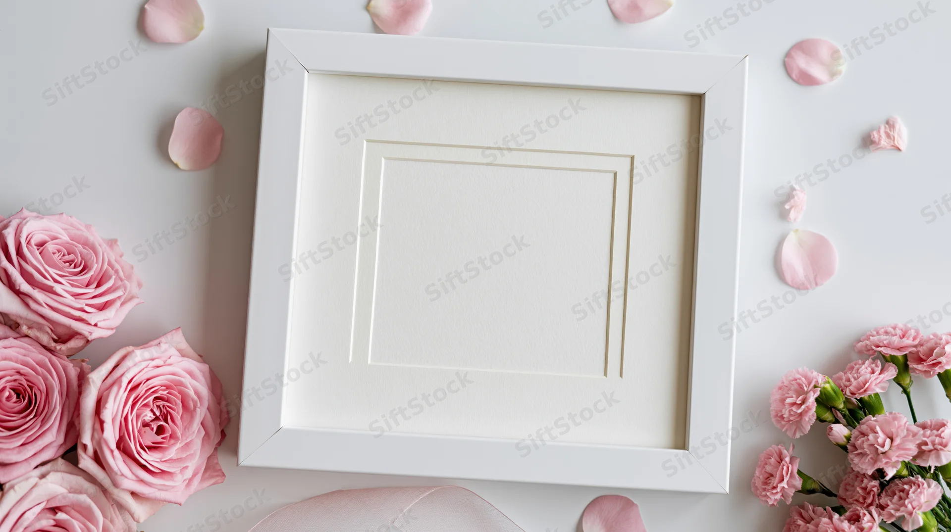 White square frame with blank cream mat surrounded by pink roses and carnations on a light surface