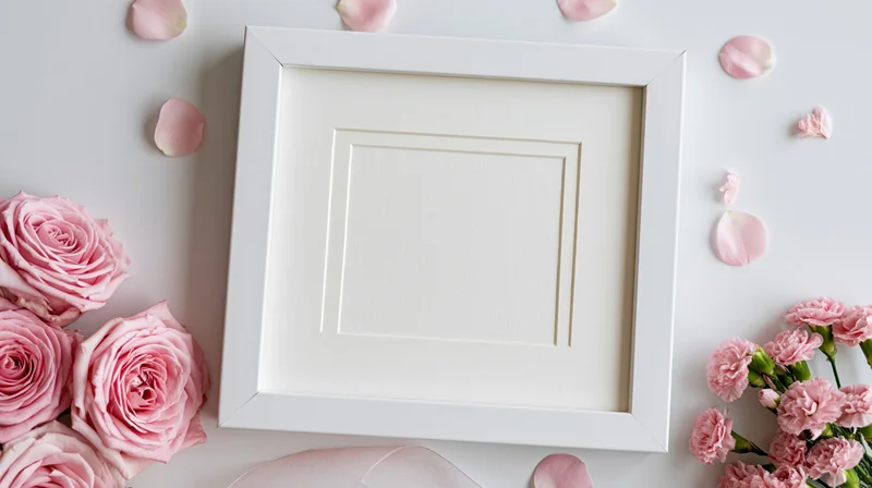 White square frame with blank cream mat surrounded by pink roses and carnations on a light surface