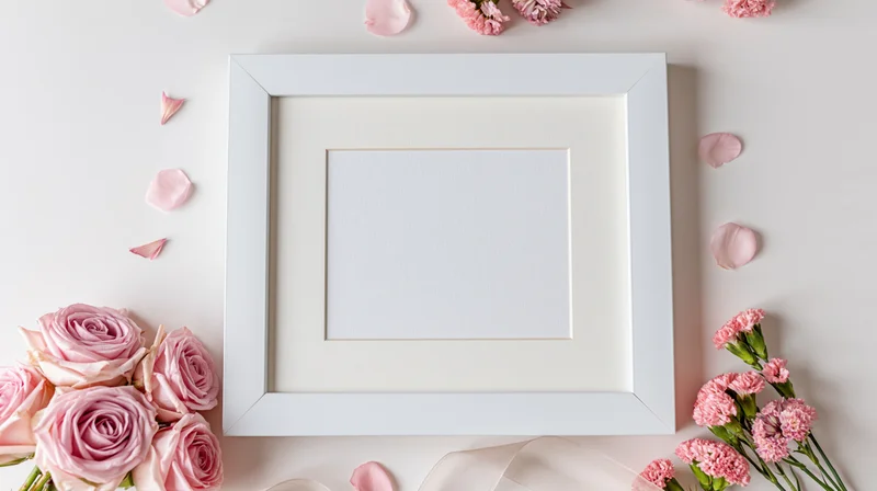 White square frame with blank mat surrounded by pink roses and carnations on a light surface