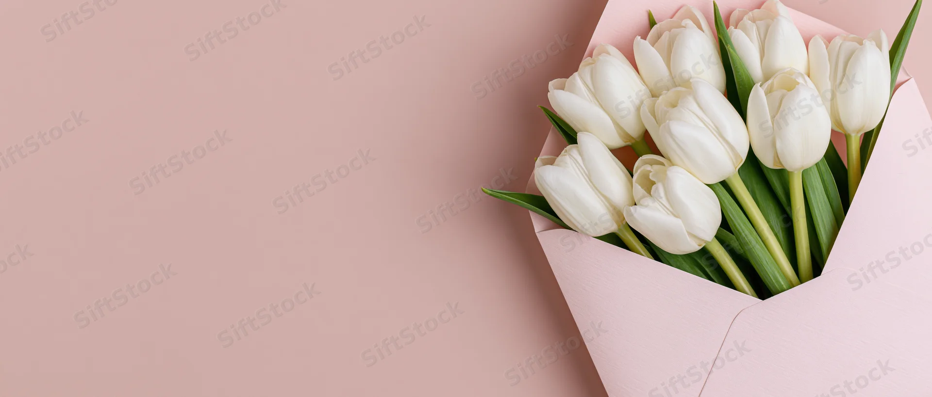 White tulips arranged in a pink envelope on a soft pink surface
