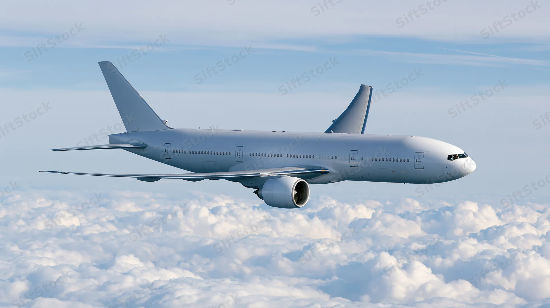 White wide-body commercial airliner in flight above clouds