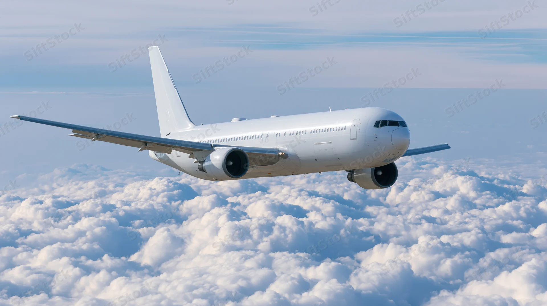 White commercial airliner flying above clouds in daytime sky