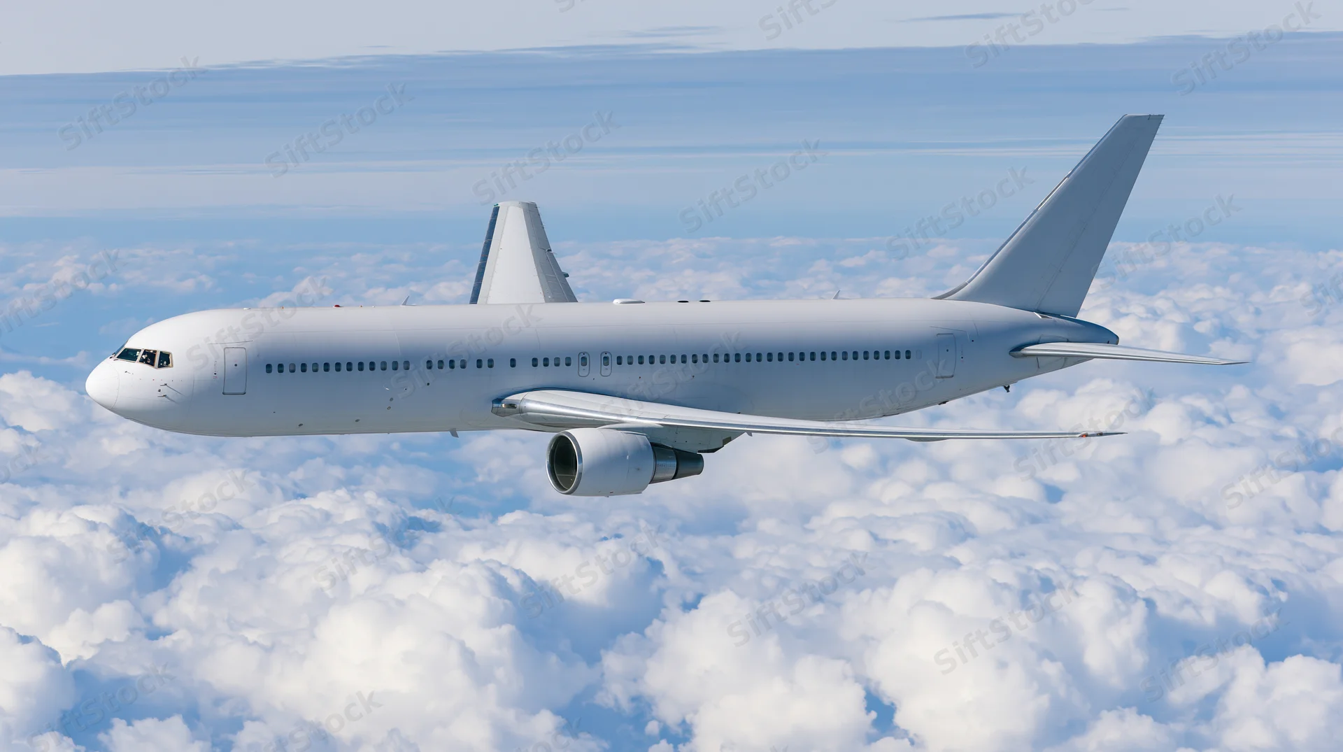 White wide-body commercial airliner flying above clouds in clear sky