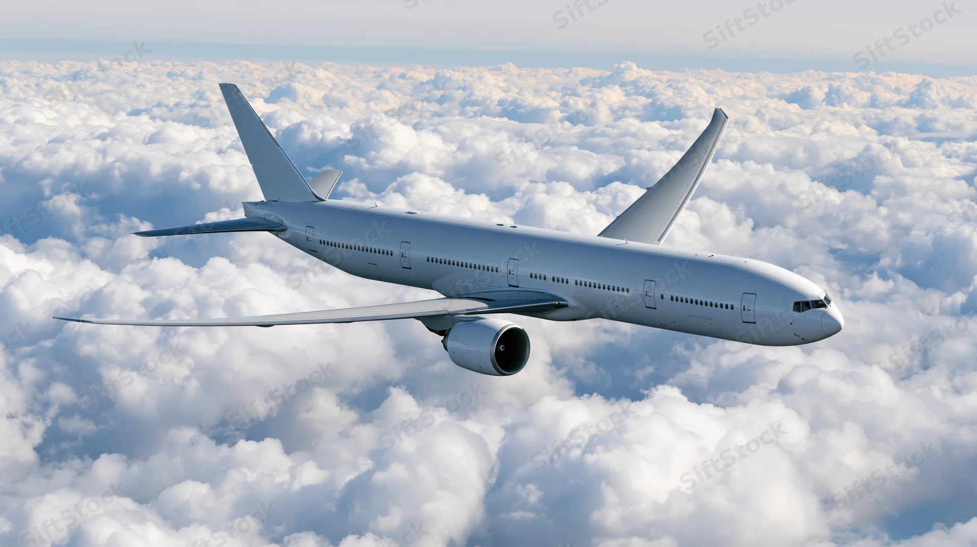 White wide-body commercial airliner flying above dense clouds in clear sky