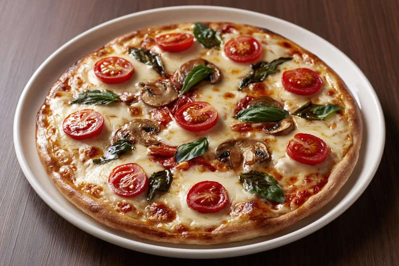 Whole baked pizza with melted cheese, tomatoes, mushrooms and basil on a white ceramic plate on a dark wooden table